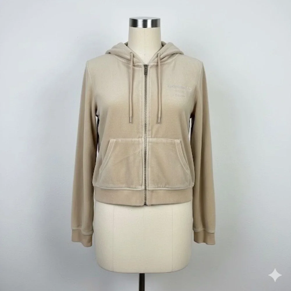 Juicy Couture x Forever 21 Velour Zip‎ Hoodie Medium Bling Sparkle Logo Beige
